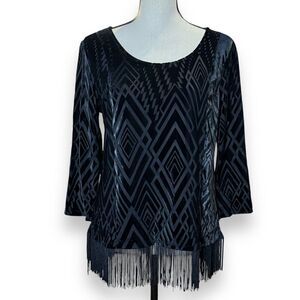 Vtg Valerie Stevens Womens Small Velvet Burnout Black Fringe Top Witchy Goth